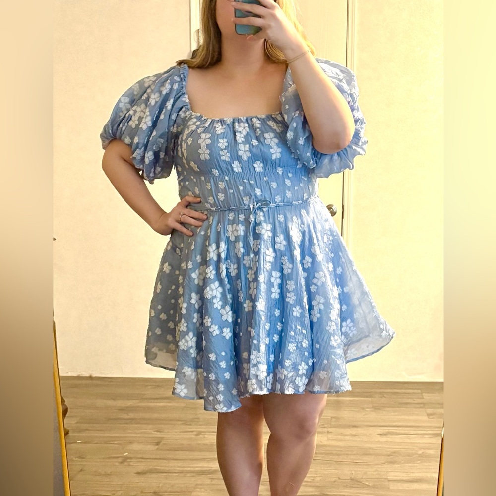 Floral Blue Dress with Puff Sleeves